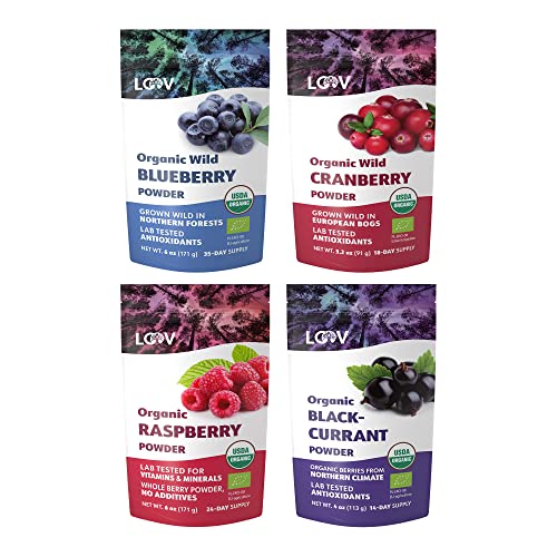 Bundle â€“ 4 items: LOOV Organic Wild Blueberry Powder, Organic Raspberry Powder, Organic Blackcurrant Powder, Organic Wild Cranberry powder