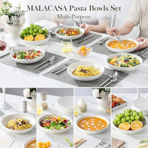 Image of MALACASA 8.85 inch Large Pasta Bowls, 42 OZ White Salad Bowls Soup Bowls, Porcelain Serving Bowls Set of 6, Large Kitchen Bowl Plates Pasta Plates, Microwave & Dishwasher Safe, Series REGULAR