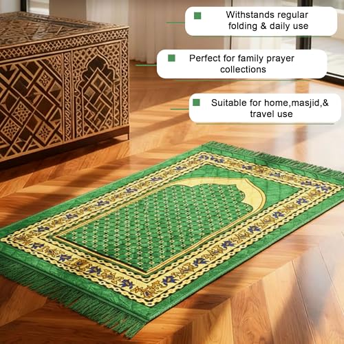 Image of Kuber Industries 28x44 Inch Velvet Janamaz /Meditation /Prayer Mat for Muslim Namaz | Soft & Foldable Mihrab Mark Islamic Prayer Rug | Green