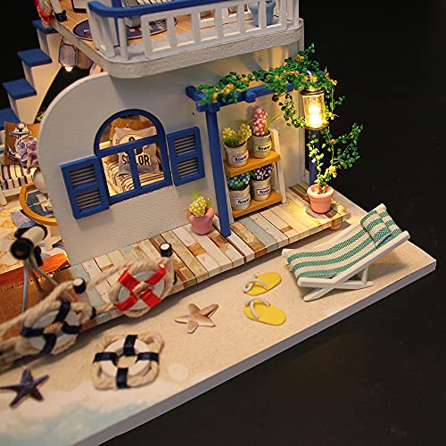 yeacher Casa de bonecas em miniatura DIY kit de casa de bonecas de madeira com móveis com luz LED mú