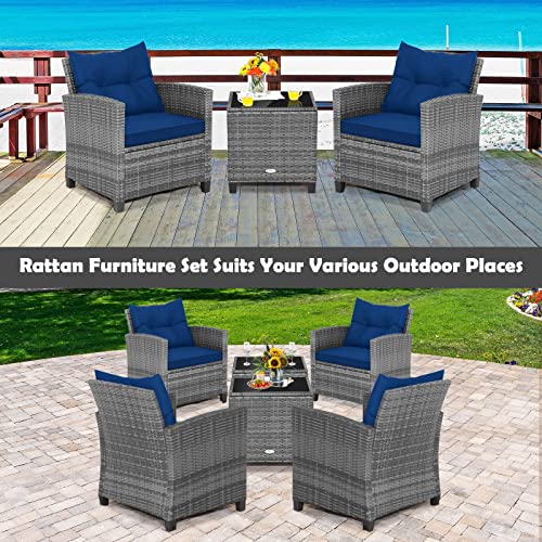 Image of Tangkula 3 Pieces Patio Furniture Set, Outdoor PE Rattan Conversation Chair Set with Tempered Glass Side Table and Removable Cushions, PE Wicker Chairs and Table Set for Porch, Balcony and Garden
