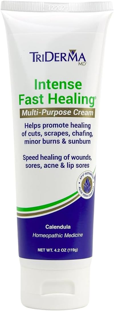 - TriDerma Intense Fast Skin Healing Cream for Hard-to-Heal Skin Irritations, Sores, Rashes, Dry, Cracked Hands, Cuts, Chafing, Burns, Scrapes - First Aid Kit Essential - FSA Eligible -4.0 oz
