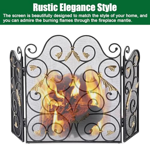 Pantalla de chimenea decorativa con malla fina y tres paneles negros para salones exclusivos 6