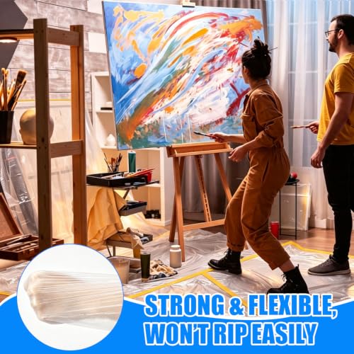 Image of Seajan 3 Roll Painters Plastic with Tape Pre Taped Masking Film for Painting Automotive Paint Adhesive Protective Film Masking Tape Roll Plastic Painting Covering (White,9 x 90 ft)