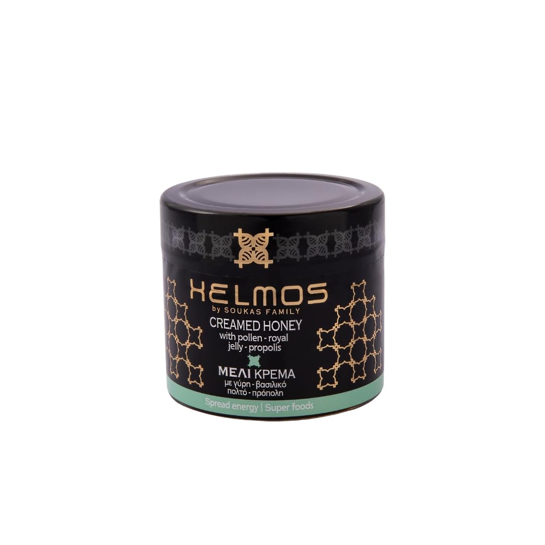 Helmos Greek Creamed Honey with Bee Pollen, Royal Jelly & Propolis – Natural Blend of Three Bee Products, 210g Jar – Creamy & Pure Honey from Greece