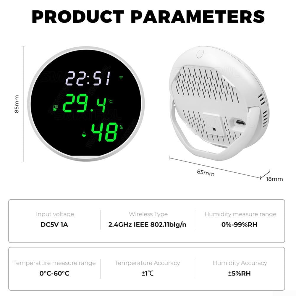 Temperatursensor, für Tuya LED-Temperatursensor mit WLAN-Konnektivität, Alarm für hohe Temperatur/Luftfeuchtigkeit und niedrige Temperatur/Luftfeuchtigkeit