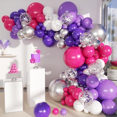 Image of MEBAY Hot Pink Purple Silver Baloon Garland Arch Kit, 146Pcs Latex Balloons Different Sizes 18 12 10 5 inch for Women Girls Birthday Baby Shower Wedding Party Decorations