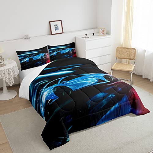 Erosebridal Racing Car Boys Comforter Set Twin Size Sports Car Gaming Down Alternative,Extreme Sport Bedding Set For Kids Teen Girls Bedroom Decor,Soft Lightweight Duvet Insert With Pillowcase,Blue #TOP3