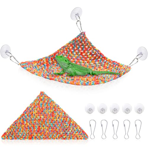 Bearded Dragon Triangle Hammock Reptile Hammock with 5 Suction Cups Hooks Reptile Tank Decor Bearded Dragon Tank Accessories for Reptiles Chameleon Gecko Lizards Snakes 12.6x12.6x16.5 In (Crochet Red)