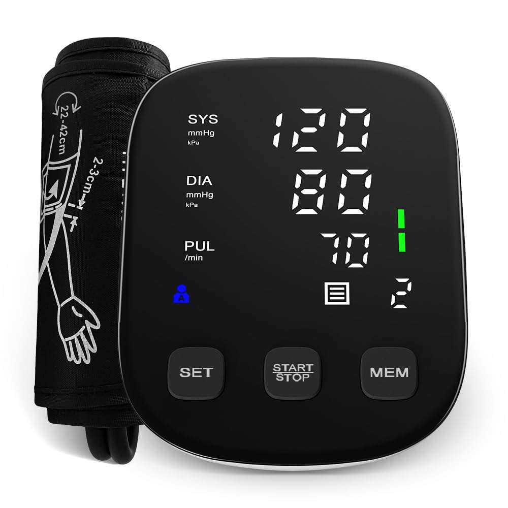 Tensiómetro de Brazo Digital Automático, Monitor de Presión Arterial con Pantalla LCD Grande, 2x120 Memoria Dual, Detección de Arritmia, Brazalete 22-42cm, Alimentación USB Tipo-C/Batería
