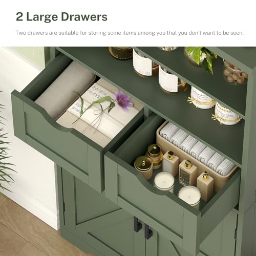 Image of TEENFON Bathroom Cabinet with Adjustable Shelf & 2 Drawers, Farmhouse Storage Cabinet with 2 Doors, Kitchen Storage Cabinets for Living Room, Entryway, Home Office, Forest Green