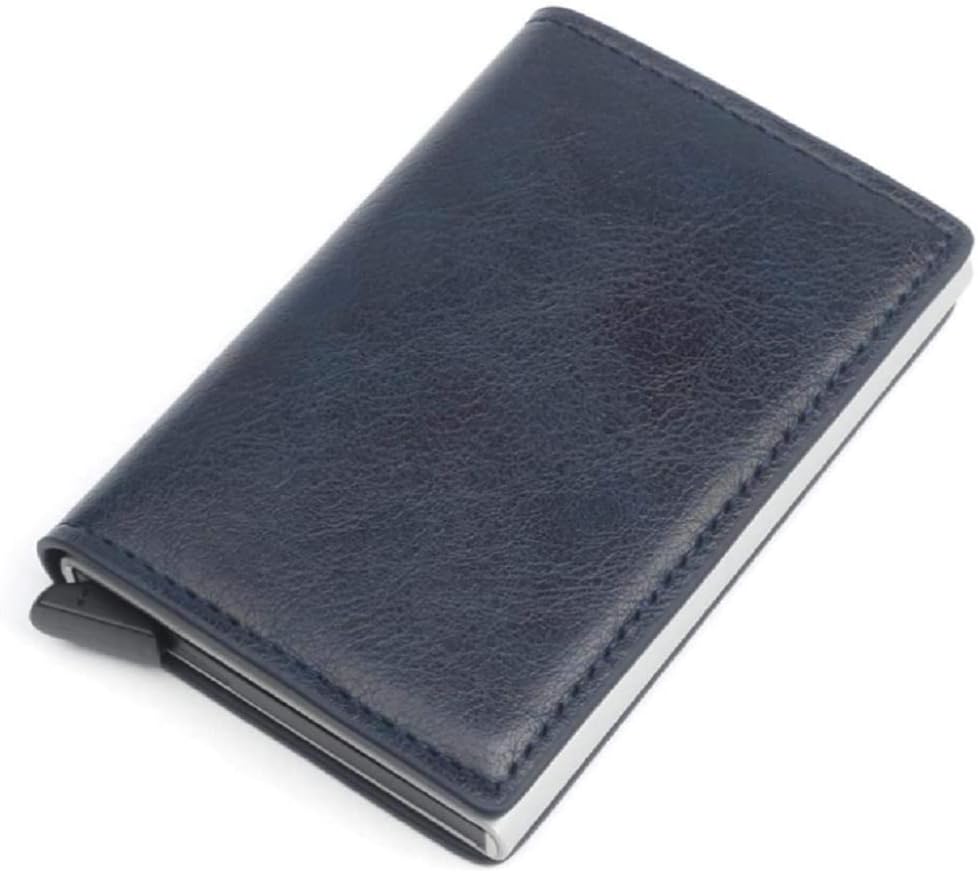 VOGARDMen's Genuine Leather Wallet | RFID Blocking Aluminum Automatic Pop Up Credit Card Holder Case, Blue, rfid wallet