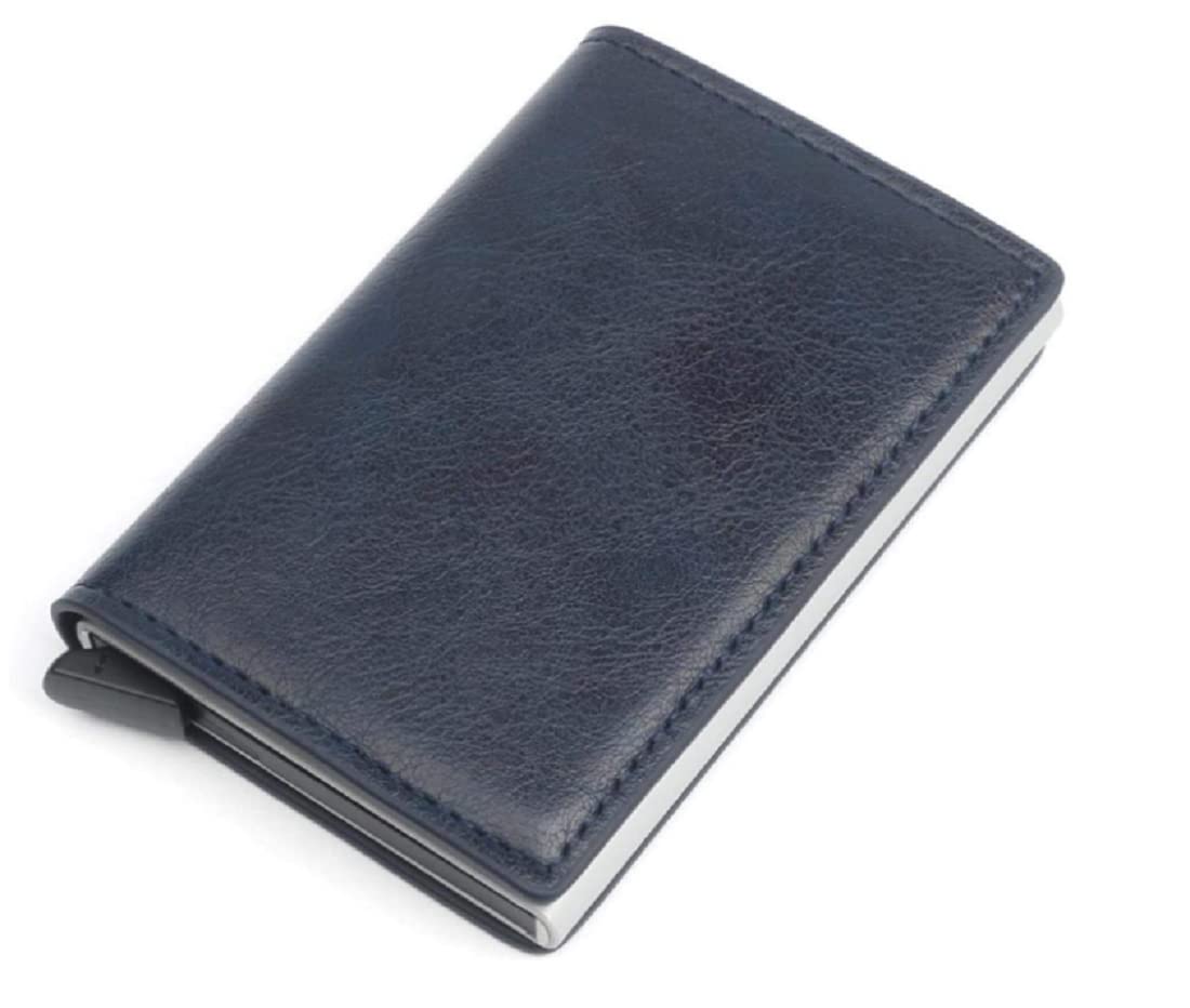 VOGARDMen's Genuine Leather Wallet | RFID Blocking Aluminum Automatic Pop Up Credit Card Holder Case, Blue, rfid wallet