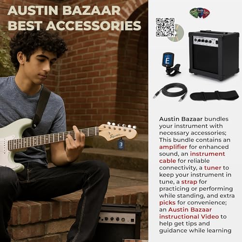 Image of Fender Squier 3 /4-Size Kids Mini Strat Electric Guitar - Surf Green Bundle with Amplifier, Cable, Tuner, Strap, Picks, Online Lessons, and Austin Bazaar Instructional DVD