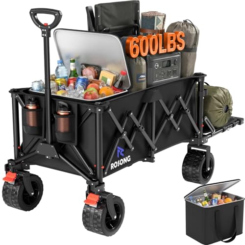 Image of 220L Folding Wagon with Detachable 14 Gallon Cooler Bag, Extra Large All-Terrain Heavy Duty Collapsible Beach Wagon Cart with Big Wheels, Foldable Utility Cart for Camping, Tailgate