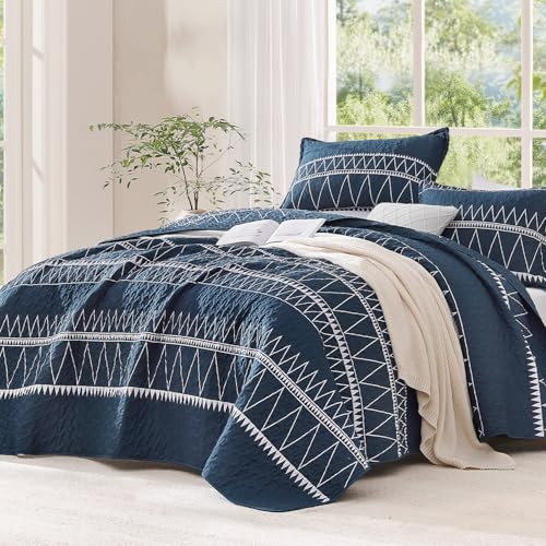 Image of Andency Navy Oversized Super King Quilt Set, 3 Pieces Boho Lightweight Soft Striped Bedspread for All Season (120 inchx120 inch), Printed Bohemian Polyester Reversible Coverlet Comforter Sets
