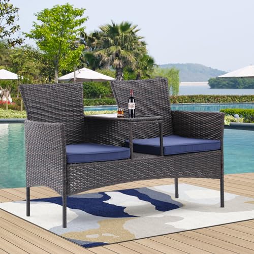 Affmitime Wicker Patio Loveseat 2 Seat Ratten Patio Conversation Set With Cushions And Built-In Table With Tempered Glass Top For Balcony,Garden,Weather Resistant thumb #5