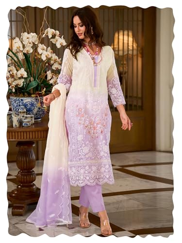 Image of INDO ERA Womens Organza Embroidered Straight Kurta Pant Dupatta Set (IEOUT10602)