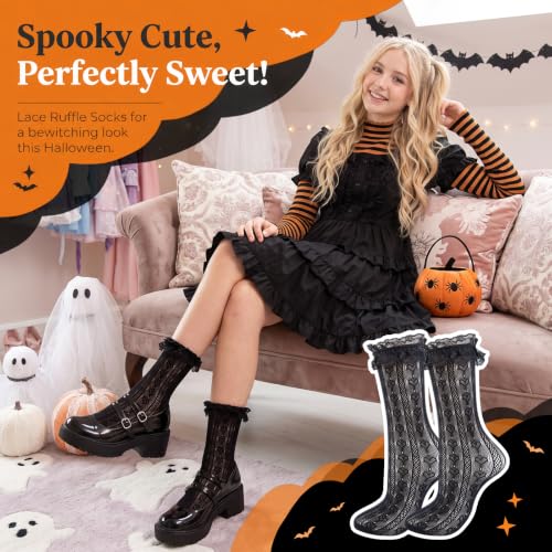 Image of Women Lace Ruffle Socks White Black Frilly Lolita Crew Dress Socks