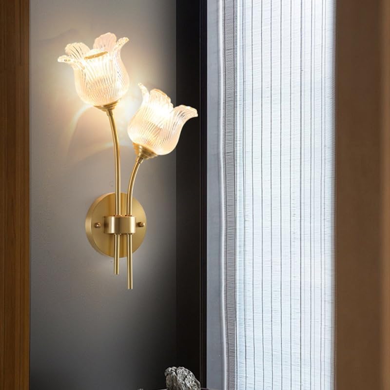 Applique da Parete per Interni, Camera da Letto, corridoio 2 - Paralume in Vetro Moderno a Forma di Fiore, Camera dei Bambini, Lampada da Parete Doppia Dorata nordica per Comodino