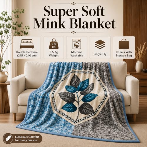 Image of Signature All Season Double Bed Blanket | Super Soft Plush, Lightweight & Cozy | 220 x 240 cm | 2.5 kg | Multi-Color Vibrant Print | Ideal for Winter, AC Use & Gifting (Blue Grey)