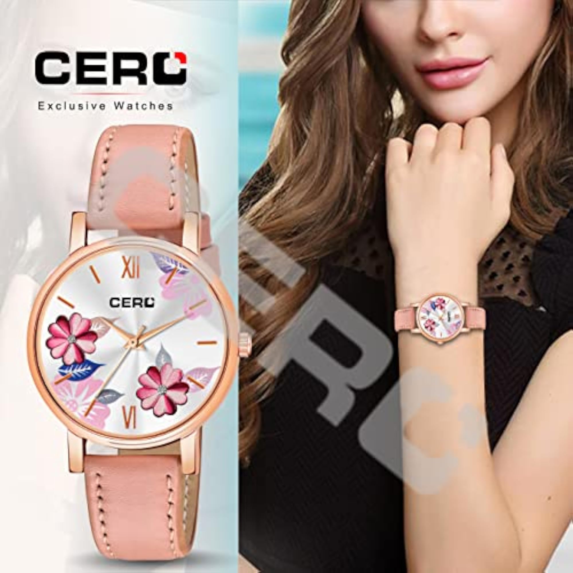 Women's Analogue Flowers Design Dial Leather Strap Watch