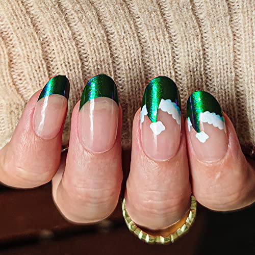 Novo Ovo Green To Blue Purple Switch Holographic Short Medium Almond French Tip Fake False Press On Nails Chrome Cap Metallic Hat Stick On Acrylic Nail Kit With Glue For Christmas St. Patrick's Day #TOP1