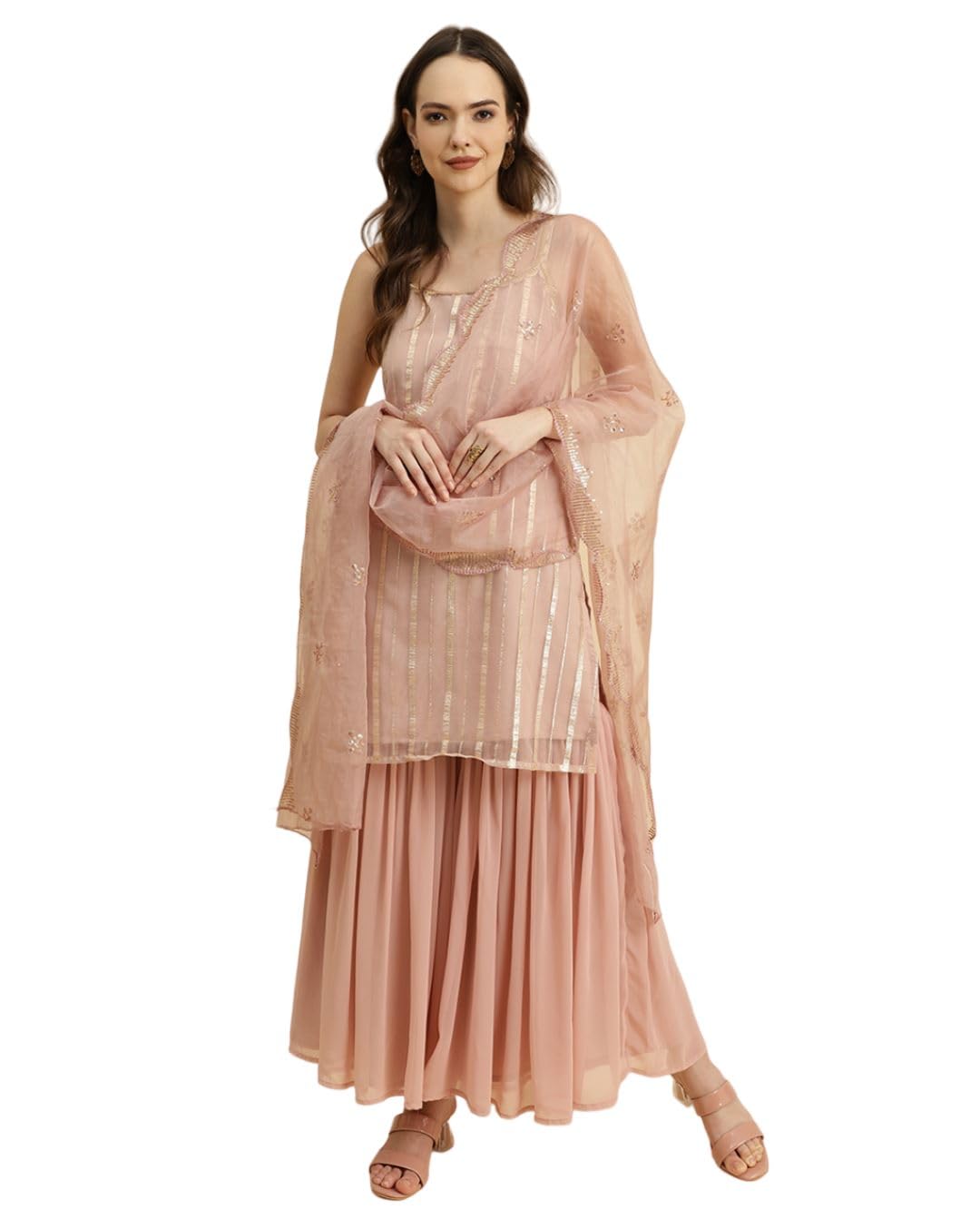 Varanga Peach Strap Style Kurta With Tonal Sharara And Emroidered Dupatta