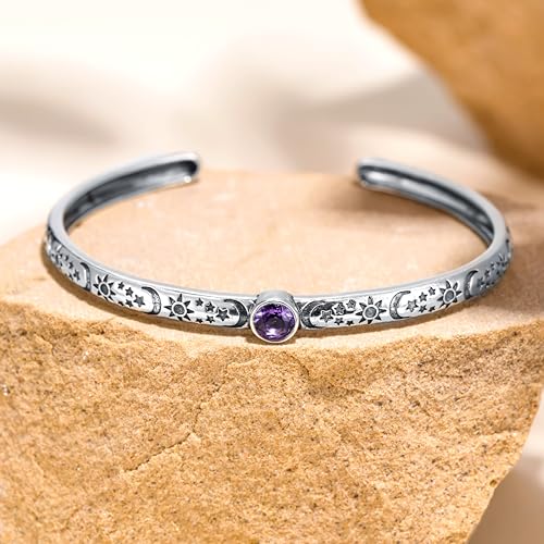 Amethyst Sun Moon Star Cuff Bracelet Sterling Silver Adjustable Bohemian Bangle, February Birthstone Jewelry Christmas Birthday Gift for Her4
