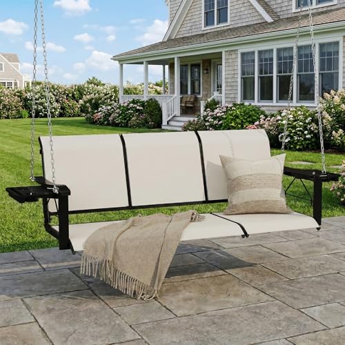 Image of HOMREST Textilene 3 Seat Porch Swing with Cup Holder, 5.3FT Patio Hanging Swing Bench, 700lbs Capacity Outdoor Porch Swing with Hanging Chains for Deck Garden Backyard (Beige)