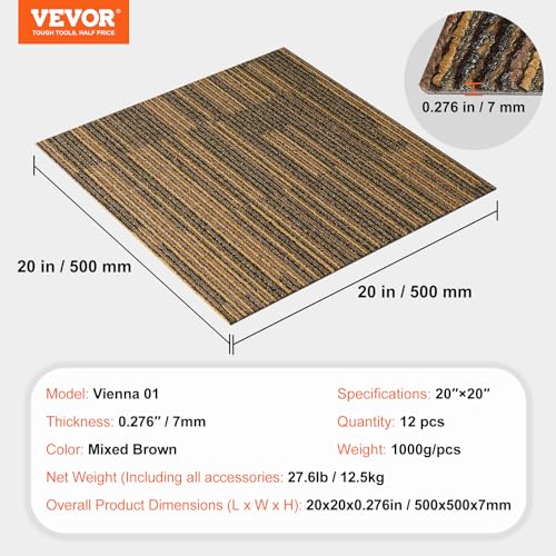 Image of VEVOR Carpet Tiles Reusable, 20 inchx 20 inch Carpet Squares with Padding Attached, Soft Padded Carpet Tiles, Easy Install DIY for Bedroom Living Room Indoor Outdoor (16 Tiles, Mixed Brown)