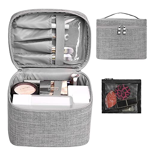 UMIA Makeup Bag Travel Large Cosmetic Bag Case Organizer Pouch with Mesh Bag Brush Holder Make Up Toiletry Bags for Women(Grey)