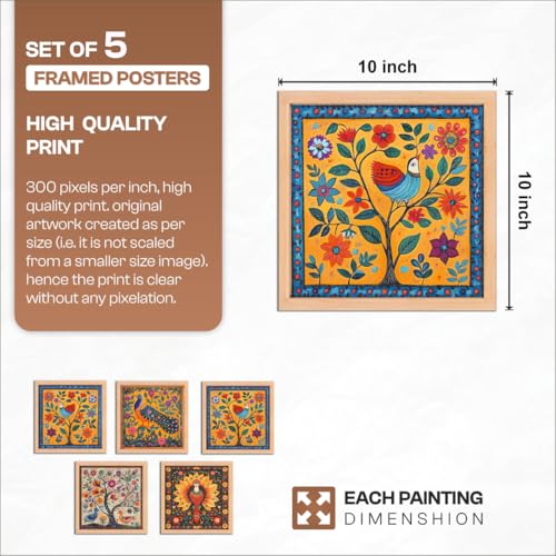 Image of NoWorries Colorful Folk Art Wall Decor Frames Set of 5 | Peacock Bird and Floral Tree Framed Paintings | Traditional Indian Style Artwork | Boho Ethnic Wall Art Prints with Frame for Living Room, Bedroom, Office and Home Decoration