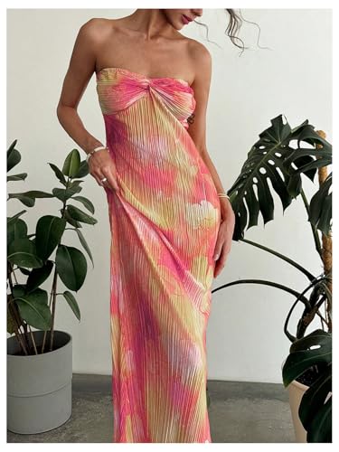 Floerns Women's Strapless Tie Dye Twist Front Tube Vacation Wedding Guest Maxi Dresses4