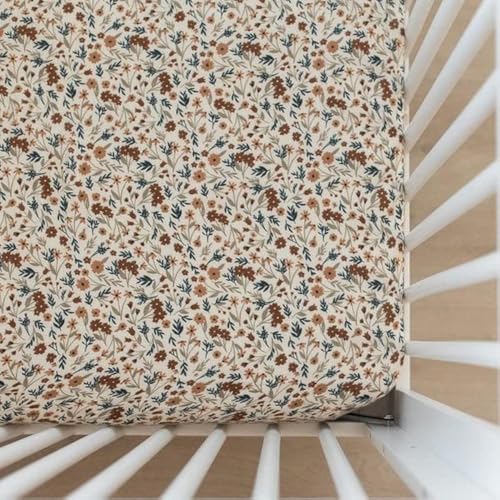 Image of Harvest Floral Muslin Crib Sheet by Mebie Baby, Soft and Breathable Bed Sheets for Babies, Modern Neutral Bedding for Cribs, Standard Crib Mattress Fitted Sheet, Great for Boy or Girl Room or Nursery