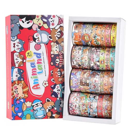 Image of 24 Rolls Colorful Cute Cartoon Animal Writable Washi Tape Set, Decorative Tapes for Scrapbooking and Journaling, Junk Journal Supplies, Bullet Journaling for Women Girl 8-15mm Wide 9.84ft Long /Roll