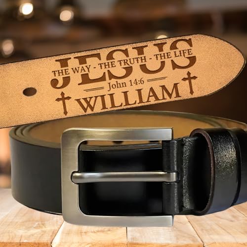 Jesus The Way The Truth The Life - Personalized Engraved Leather Belt, Engraved Custom Leather Belt with Name, Unique Valentine Gift for Husband Him, Personalized Prayer Belt For Men, Positive Affirmations Belt, Christian Gift Religious Gifts, God Says I Am2
