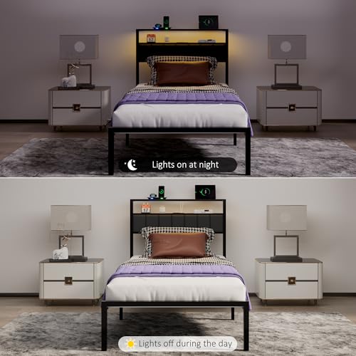 Image of J.Fkne Twin Bed Frames with Charging Station and LED Lights, Twin Size Platform Bed with Metal Slats, Upholstered Headboard with 2-Tier Storage Shelves, No Box Spring Needed, Easy Assembly, Black