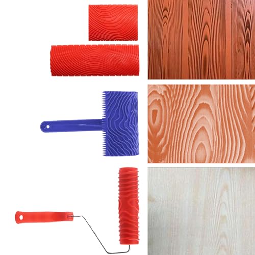 Rodillos de Grano de Madera, 4 Piezas Herramienta de Grano de Madera, Cepillo de Rodillo de Pintura de Grano, para Decoración Mural DIY, Rojo, Azul
