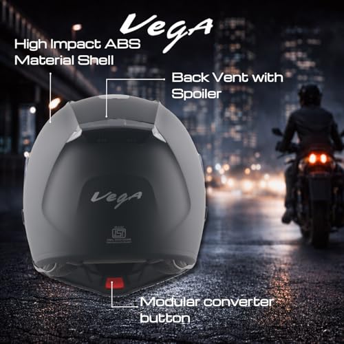 Image of Vega VM-02 Spike Flip-Up Motorcycle Helmet with ISI Certification | High-Impact ABS Shell, Dual Visor, UV & Scratch Resistant: Dull Black , M