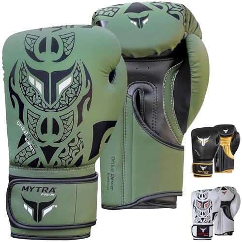 Mytra Fusion Guantes de Boxeo - Guantes de Entrenamiento MMA Punch, Kickboxing, Fitness, Sparring, Muay Thai, Entrenamiento y Lucha (Olive Green, 10-oz)