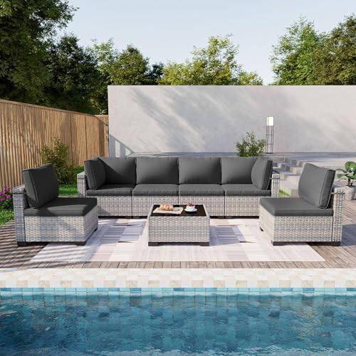 Image of Outdoor PE Wicker Rattan Modular Patio Sectional Sofa Set | 7-Piece: 6 Modular Seats & Coffee Table with Thick Cushions, Black