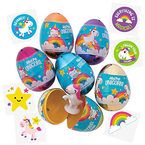 Egg Surprise with Tiny Unicorn Inside (12 Pack) with Bonus Rainbow Unicorn Tattoos - Easter Basket Stuffers, Party Favors, and Classroom Prizes