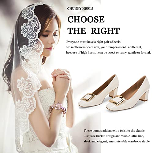 Rilista Women's Closed Square Toe Chunky Heels Slip On Comfortable Business Party Dress Pumps Shoes With Metal Buckle Cream #TOP4