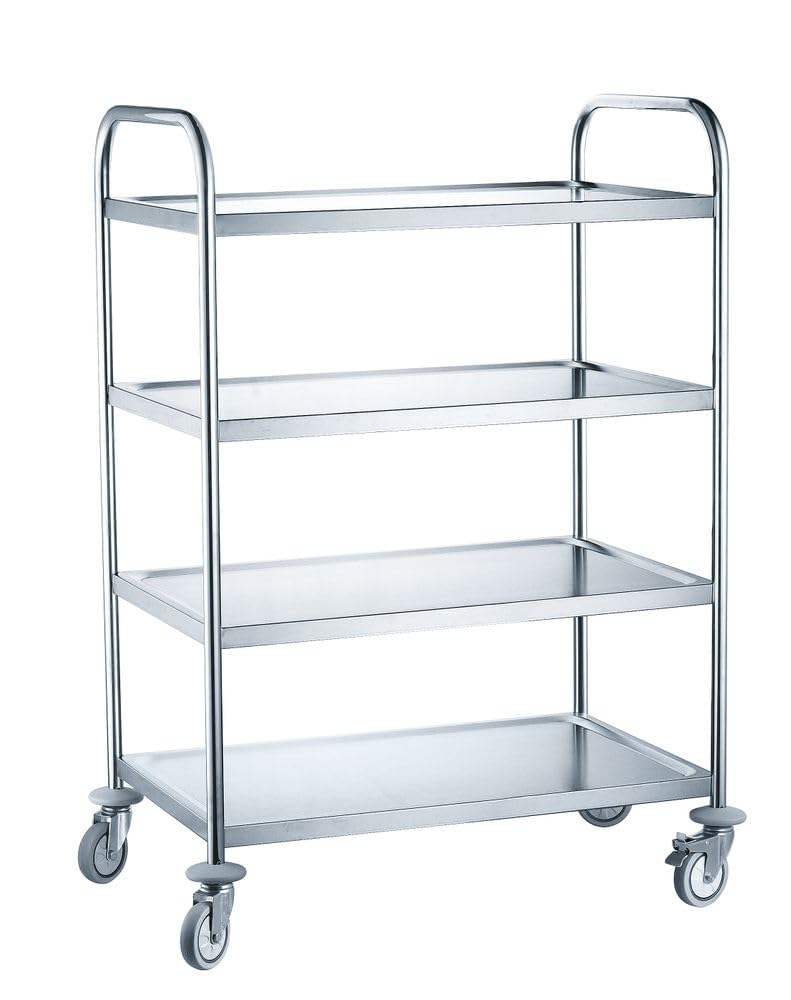 HENDI Carrello di servizio, cucina, ristorante, multiuso, 4 ripiani, 4 ruote girevoli, 2 con freno, carico massimo per ripiano 50 kg, piano di lavoro 794x539 mm, 905x585x(H)1245 mm, acciaio inox
