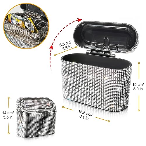 Image of Accmor Bling Car Trash Can with 30pcs Garbage Bags, Vehicle Trash Bin with Lid Auto Dustbin Organizer Garbage Storage, Sparkling Crystal Mini Trash Container Holder