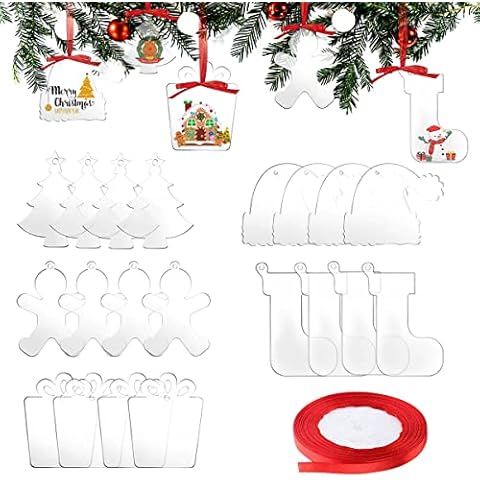 Clear Acrylic Christmas Ornaments DIY Blank Ornament Acrylic Christmas Tree Decorations Hanging Decor with Ribbon for Christmas Decor(Different Shapes 20 Pieces) Cover