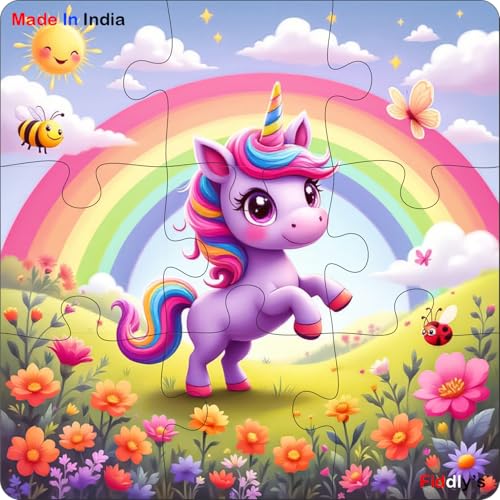 Image of Fiddlys Single Layered Wooden Jigsaw Puzzle Games for Children & Kids - 9 Pieces Age 3 4 5 6 Years Old Girls & Boys Animals Jigsaw Puzzle (Pack of 4 Unicorn & Princess)