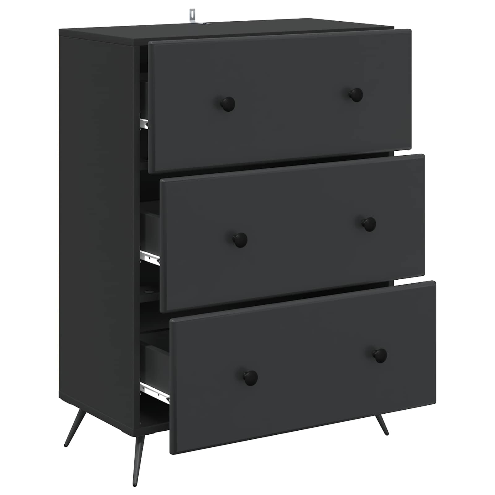 Cassettiera nera, 66 x 34,5 x 90 cm, con 3 cassetti, moderno, in legno e metallo, per soggiorno, corridoio e casa