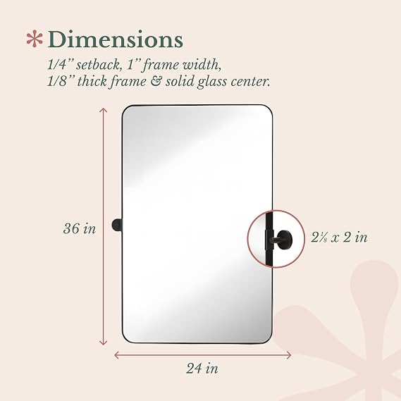 Hamilton Hills 24x36 inch Brushed Black Metal Framed Mirror - Pivot Mirrors for Bathrooms - Rounded Corner Rectangular Frame with Tilt Mirror Brackets - Adjustable and Tilting Farmhouse Wall Vanity